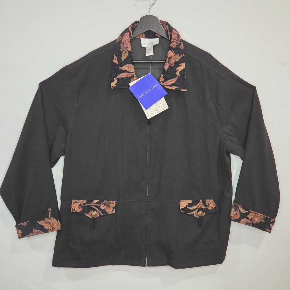 Susan Graver Style Jacket 2X Black Floral Tapestry Jacquard Boho Art to Wear NWT